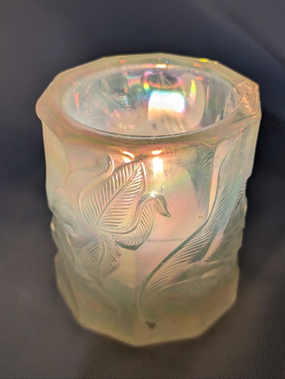 Fenton Glass Iridescent Fern & Iris Candle Holder, Y2K, IT GLOWS!